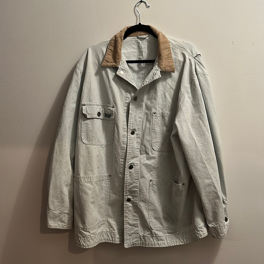 Vintage Polo Seersucker Painters Chore Coat Size XL